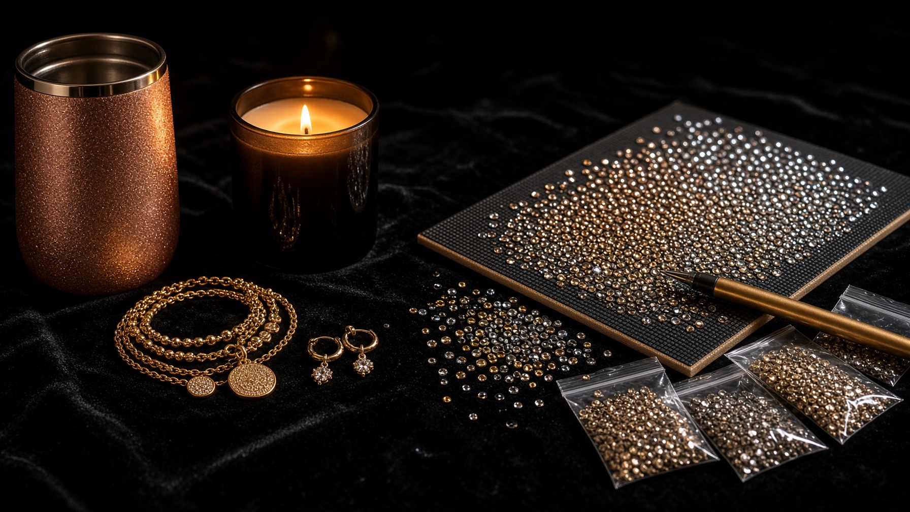 IK’s Charms & True Sparkle studio still life: KayzCharmzz rose gold glitter tumbler, charm bracelet, and soy candle beside a True Sparkle diamond painting kit close-up, Black-owned Cleveland studio