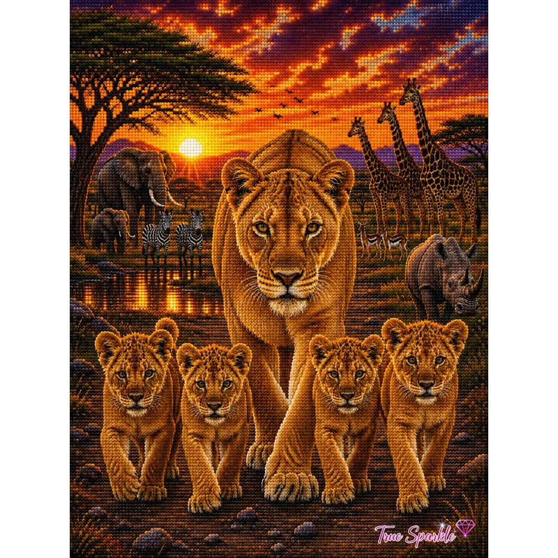 True Sparkle Lioness Family at Sunset Safari diamond painting kit